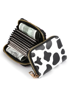 Slim accordion card holder with cow print design and multi-slot zipper pocket for women