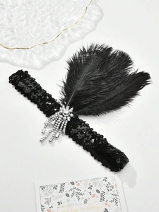 Detailed view of 1920s vintage black feather headband with sequins and silver tassel