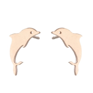 Detail of rose gold dolphin stud earrings showing high polished finish and smooth curves