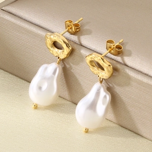 Baroque irregular faux pearl drop earrings with textured gold hoops in a vintage french style