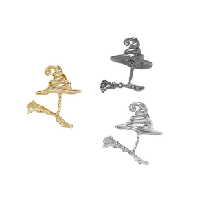 Wizard hat and flying broom jewelry accessories in gold, silver, and black finish