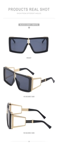 Three-view showcase of steampunk square sunglasses with gold geometric hollow temples