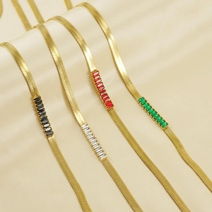 Golden flat snake chain necklaces with black white red and green rectangular zircons