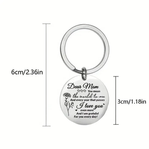 Stainless steel butterfly keyring with flower engraving and dimension annotations