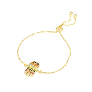 Rainbow cubic zirconia Hamsa Hand gold plated adjustable box chain bracelet