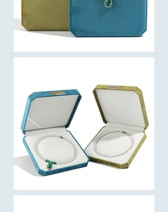 Octagonal velvet jewelry box for pearl necklaces in teal and olive green colors