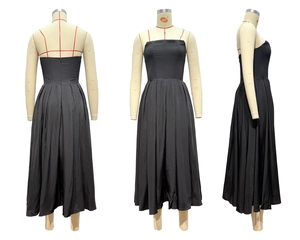 Detailed views of a black corset maxi dress showing pleated hem and slim waist design