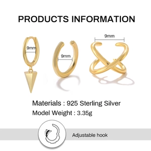 Detailed view of gold plated 925 silver earring set with 9mm hoop and ear cuffs