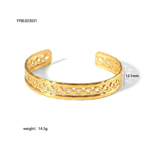 Detail of 18K gold plated cuff bracelet showing hollow chain link texture and 12.1mm width