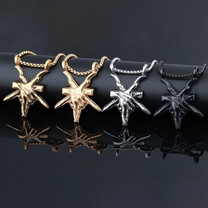 Gothic punk demon hand and pentagram pendants in gold, silver and black steel