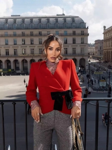 Women Wrap Blazer Red V Neck Long Sleeve Large Black Velvet Bow Slim Fit Elegant Fashionable Christmas Party Top