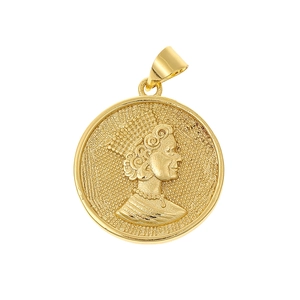 Detailed relief of female portrait on round gold-plated coin pendant with vintage style
