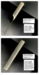 Detail view of professional hair combs with measurement scales and precise styling dimensions