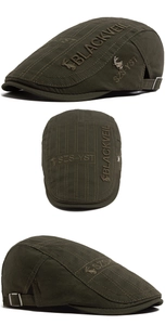 Detailed views of dark olive cotton flat cap featuring 3D embroidery and metal buckle