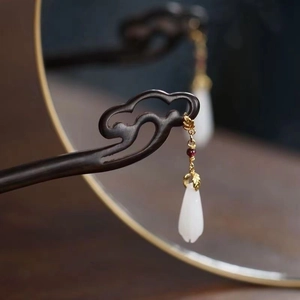 Classic wooden hair stick with golden leaves, red beads and white jade-like drop tassels