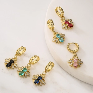 Gold plated honey bee huggie hoop earrings set with colorful micro-pave cubic zirconia
