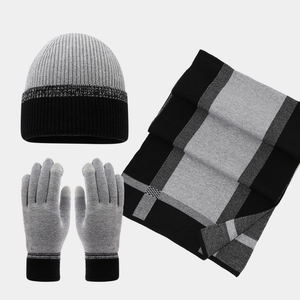 Winter Knit Hat Scarf And Touchscreen Gloves Acrylic Thickened Warm Plaid Patchwork Unisex Cold Weather Accessory