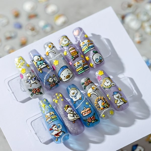 3D embossed press-on nails featuring cute cartoon ducks with cat eye glitter and purple finish