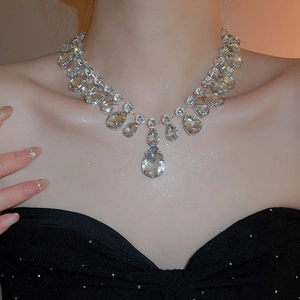 Detail of elegant silver collar necklace featuring large teardrop water-drop crystals