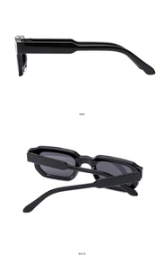 Side and back view of square black driving sunglasses with wide temples and dark lenses