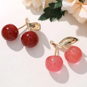 Sparkly crystal cherry charms in red and pink with gold leaves for DIY keychains