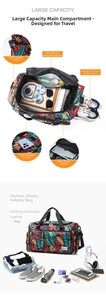 Detail view of tropical leaf travel bag with independent shoe compartment and dry-wet pocket