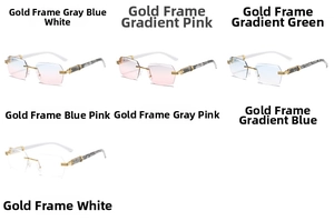 Collection of rimless gradient sunglasses with metal frames and marble temples in grid view
