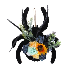 Suspension de porte araignée en bois pour Halloween avec fleurs artificielles et tournesols