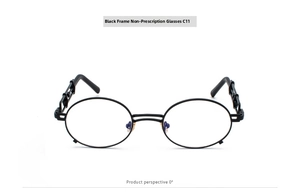 Steampunk oval metal glasses with intricate hollow temple details and black frames