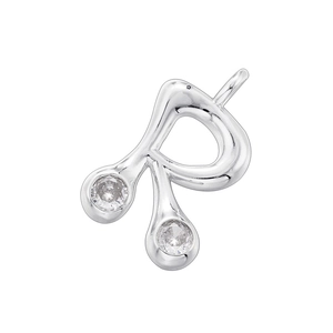 Detailed close-up of silver R-shaped alphabet pendant with two sparkling clear gemstones