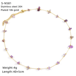 Detail of 18K gold plated stainless steel necklace with purple natural stone chips