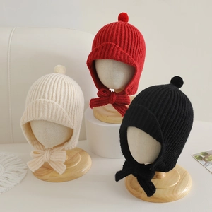 Bonnet En Tricot Pour Enfants Avec Cache-oreilles Chaud Hiver Beanie Avec Pompon Et Liens Coupe-vent Nervuré