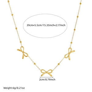 Gold-plated stainless steel bead chain necklace featuring three hollow bow pendants