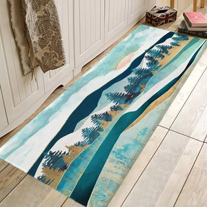 Abstract mountain landscape runner rug with pine trees and sun on light wooden floor