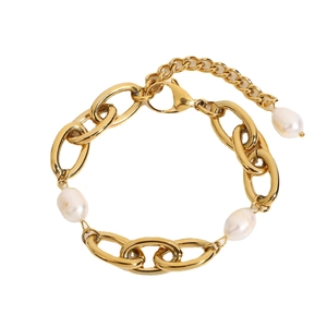 Bracelet à maillons en acier inoxydable plaqué or 18 carats avec perles irrégulières