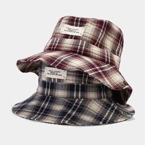 Japanischer Retro-Plaid-Sonnenhut mit breiter Krempe und gewebtem Etikett für die Freizeit