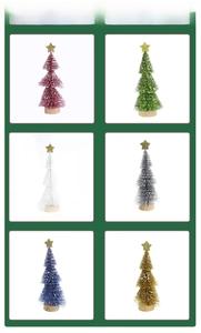 Mini bottle brush Christmas trees in 6 colors with gold stars and wooden bases