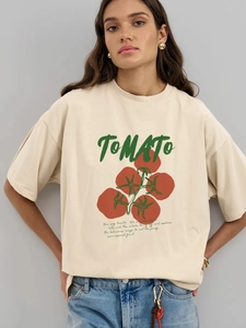 Γυναικείο Oversized T-Shirt Βαμβακερό Με Σχέδιο Ντομάτα Στρογγυλή Λαιμόκοψη Κοντομάνικο Casual Μπεζ Μπλούζα