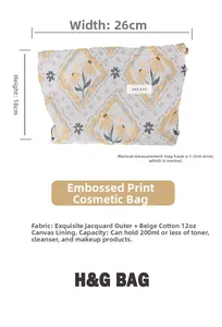 Jacquard makeup bag detail showing 26cm x 18cm dimensions and floral fabric texture
