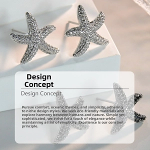 Detailed view of starfish earrings in silver with white zircons and black finish with black stones