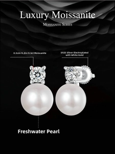 Close-up of elegant S925 silver earrings with 0.5ct moissanite and white freshwater pearl