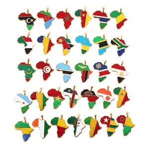 Macro view of 30 African map pendants featuring national flags with gold enamel finish