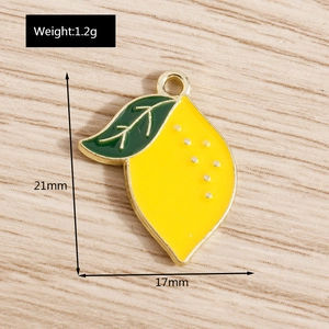 Detailed view of yellow enamel lemon pendant with dimensions and weight info