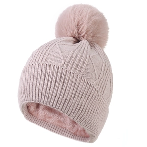 Bonnet d'hiver en tricot rose pour femme avec doublure polaire et pompon en fourrure