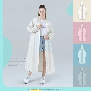 Reusable white translucent EVA raincoat with drawstring hood and elastic cuffs for adults