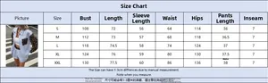 Detailed size chart for women's casual striped shirt and shorts set showing S to XXL