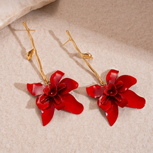 Vintage red spray-painted flower long drop earrings with golden branch accents