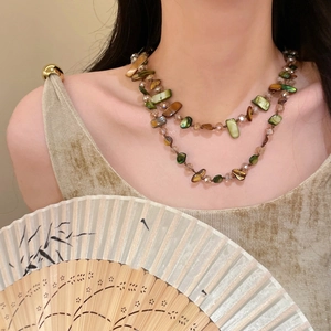 Vintage double-layered shell beaded necklace with iridescent brown and green tones