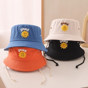 Chapeau Bob Enfant Toile Coton Protection Solaire Broderie Sourire Avec Cordon Coupe-vent Réglable Pour Voyage Extérieur