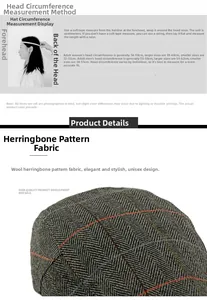 Detailed sizing guide and macro view of herringbone wool fabric for flat caps